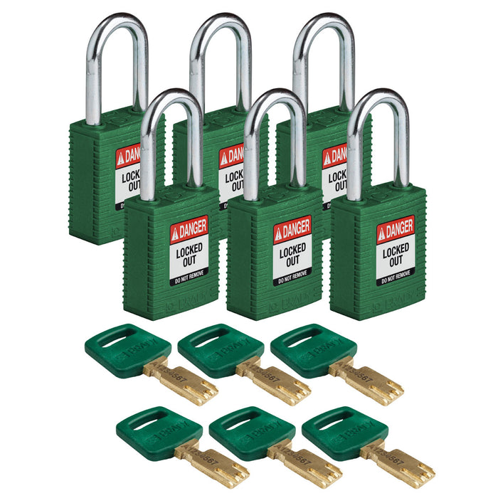 Candados verdes de nylon de bloqueo SafeKey Arco de acero Brady x 6 Ref NYL-GRN-38ST-KD6PK