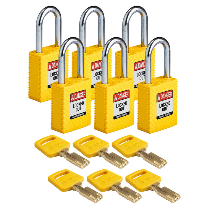 Candados de Nylon de Bloqueo SafeKey Arco de acero Amarillos Brady x 6 Ref NYL-YLW-38ST-KD6PK