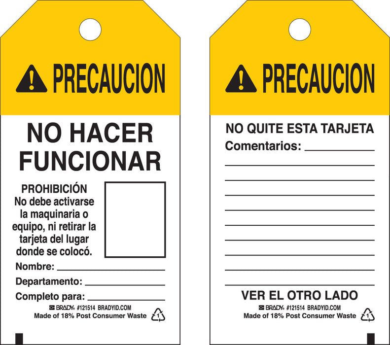 BRADY TARJETA BLOQUEO POLIESTER REFORZADO "NO HACER FUNCIONAR" X 25 UND - Ferrelam