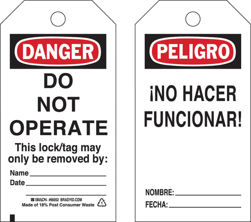 BRADY TARJETA PARA BLOQUEO "DO NOT OPERATE" POLIESTER ECONOMICO, PAQUETE X 25 UND - Ferrelam