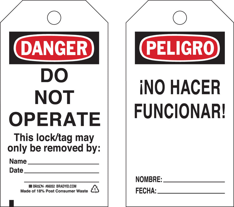 BRADY TARJETA PARA BLOQUEO "DO NOT OPERATE" POLIESTER ECONOMICO, PAQUETE X 25 UND - Ferrelam