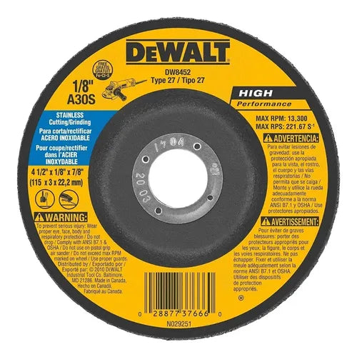 DEWALT DISCO INOX DW8452 4-1/2" X 1/8" X 7/8"
