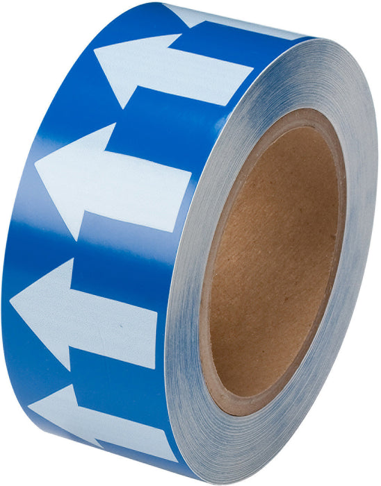 BRADY FOOD AND BEVERAGE FLOW DIRECTION ARROW RIBBON 2in X 30 YDS WHITE ON BLUE 106174