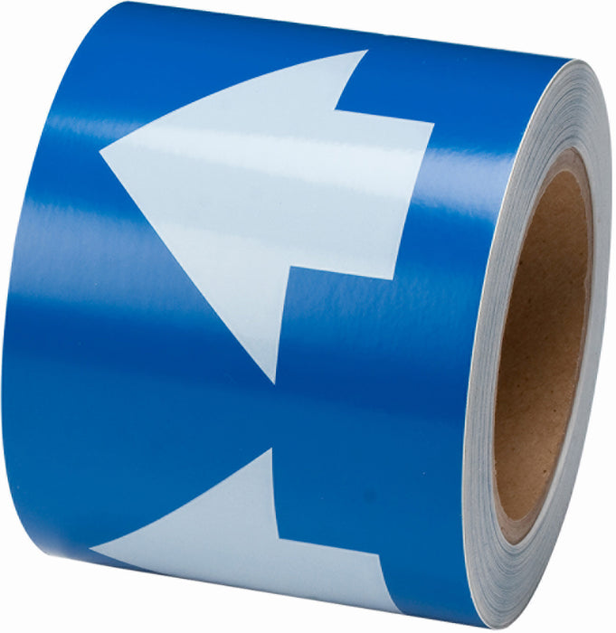 FOOD AND BEVERAGE FLOW DIRECTION ARROW RIBBON 4in X 30 YDS WHITE ON BLUE 106175