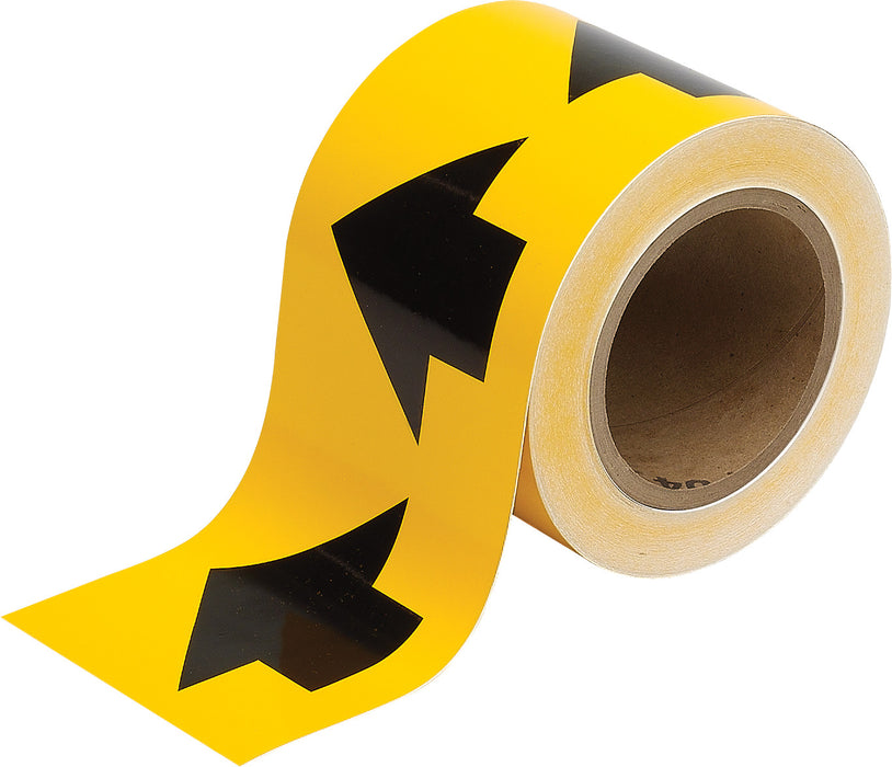 BRADY FOOD AND BEVERAGE FLOW DIRECTION ARROW RIBBON 4in X 30 YDS BLACK ON YELLOW 106178