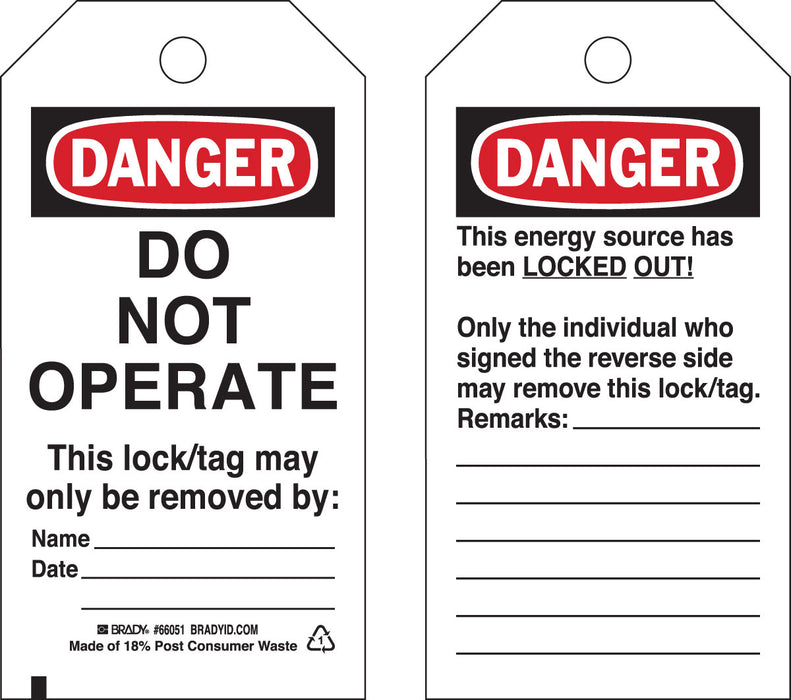 BRADY CARD FOR LOCKOUT "DO NOT OPERATE" ECONOMIC POLYESTER, PACK X 25 UNIT